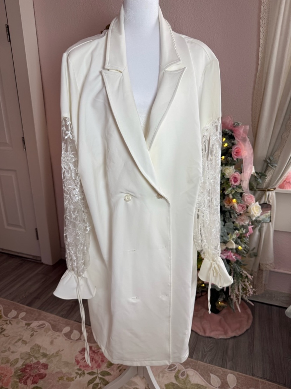 ASOS Curve Cream Double-Breasted Lace Sleeve Blazer Dress